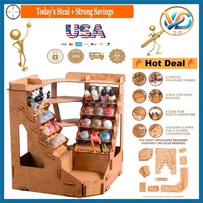 Wood Corner Paint Organizer 32 Bottles & 46 Brushes for Citadel Vallejo Warha...