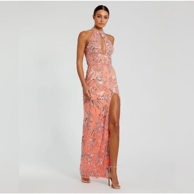 Mac Duggal Women's Pink Embellished High Neck Gown with Slit Size 6 NWT