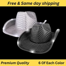 Sequin LED Light Up Cowgirl hat Flashing White & Black Cowboy Hat by Party Glowz