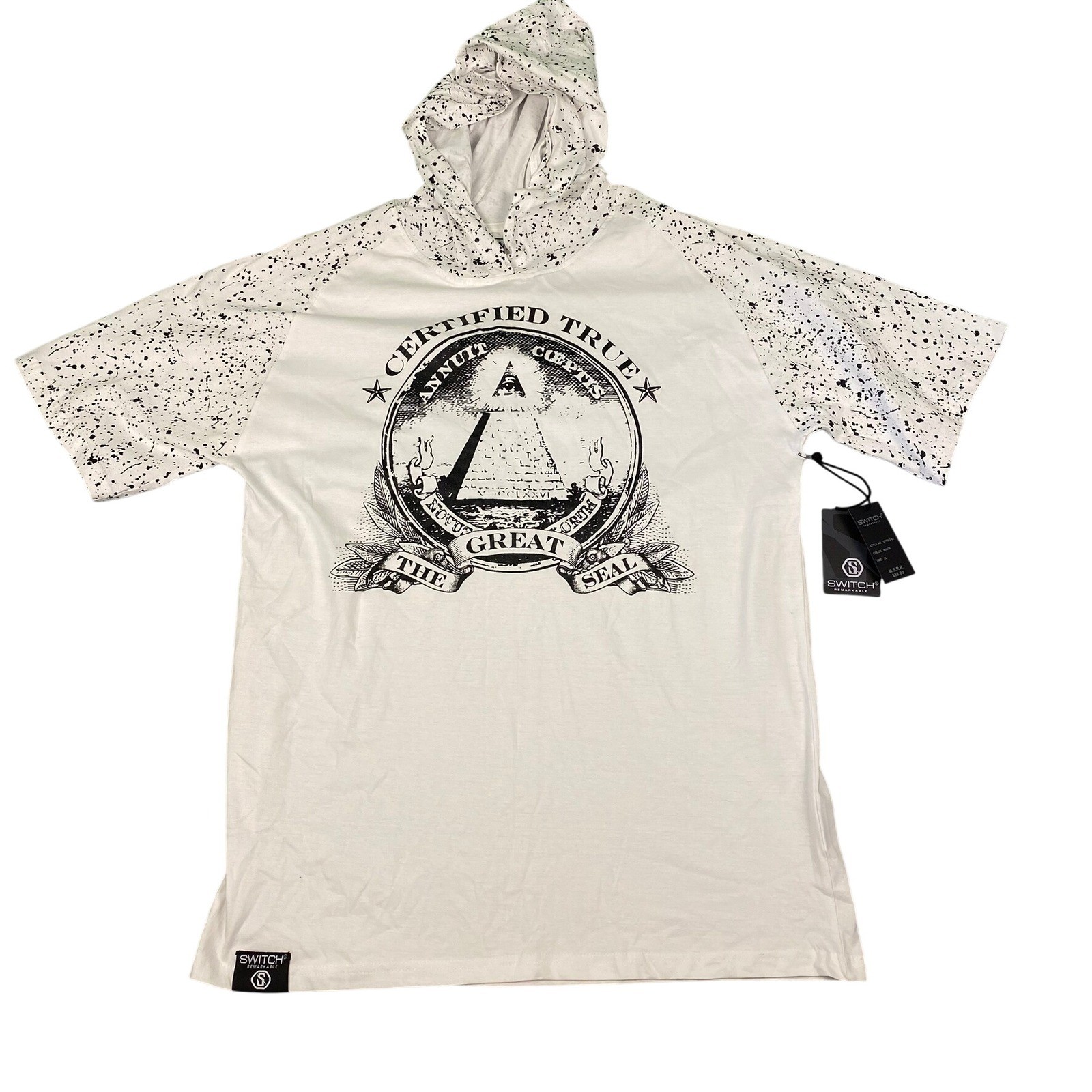 Switch Remarkable Mens XL White Short Sleeve Hoodie All Knowing Eye Graphic NWT - Thumbnail 1