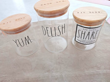 Rae Dunn Three Glass Jars with Wooden Lids Set,Yum,Delish,And,Share,Containers