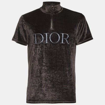 Dior Homme Black Logo Embroidered Velvet Quarter Zip TShirt L