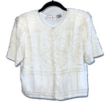 Vintage Laurence Kazar Sz M Beaded Sequin Evening Jacket Ivory Silk 80s 90s
