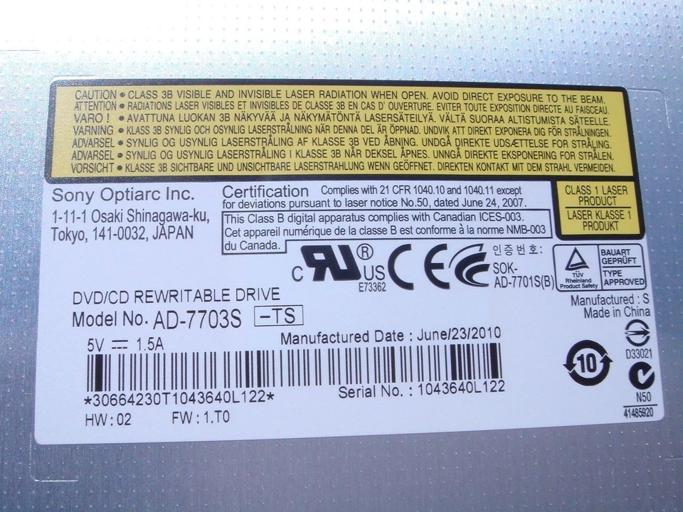 Новый Sony Optiarc AD-7703S-TS 12,7 мм DVD/CD RW 8 X лоток SATA для TOSHIBA - Изображение 2 из 3