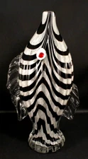 Art Glass 14" Tall Fish Vase w/ Red Eyes Black / Purple, White Stripes EXCELLENT