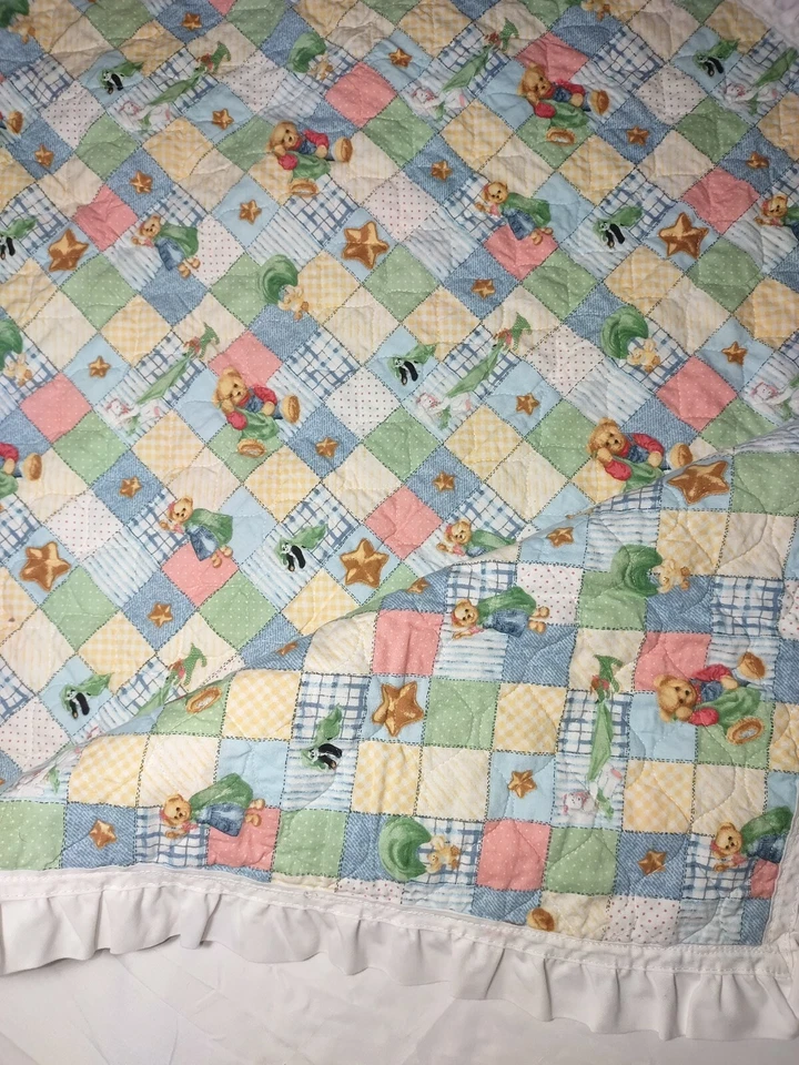 Oso de peluche Jean azul hecho a mano manta para cuna de bebé edredón niña niño estrellas 34x44 blanco Foto 4 de 4