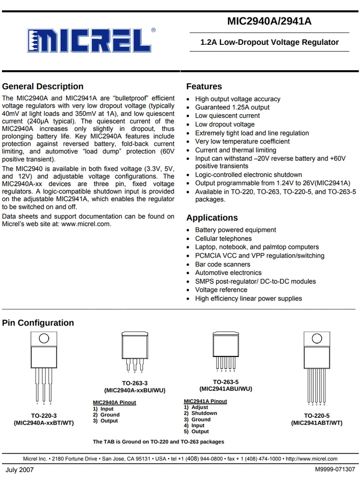 5X MIC2941AWT Micrel / Microchip 1.25A Low Drop Adjustable Regulator 26V LM2941 - Image 2 of 4