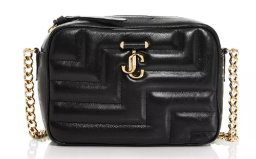 $1095. JIMMY CHOO Avenue M Camera Bag Quilted Black Gold