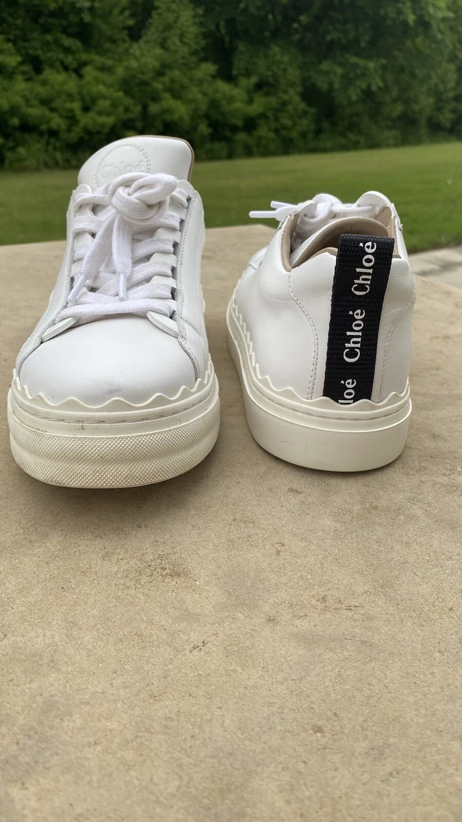 Chlo Scalloped White Lauren Smooth Calfskin Lace Up Sneakers EU