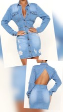 Fashion Nova Open Back  Distressed Button Up Collared Denim Midi Dress Women's L