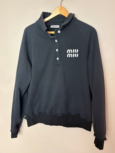 Miu Miu Garment-Dyed Distressed Polo Sweatshirt Faded Black Logo authentic L EUC