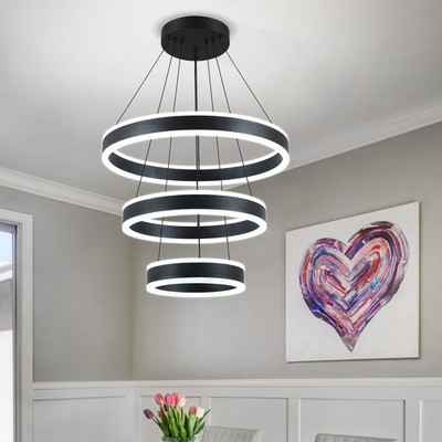 LED Pendant Light 3 Ring Adjustable Modern Black Flush Mount Chandelier ONEELDY