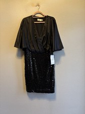 Eliza J Black Sequin Satin Flutter Sleeve V-Neck Cocktail Dress Size 8 NEW