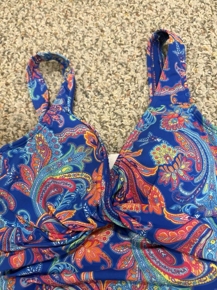 Traje de baño Lauren Ralph Lauren para mujer 4 azul rosa torcido top acanalado 1 pieza cachemira Foto 4 de 4