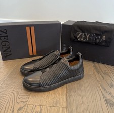 Zegna Triple Stitch Black Woven Made To Order Leather Slip-On Sneakers/ 7 US
