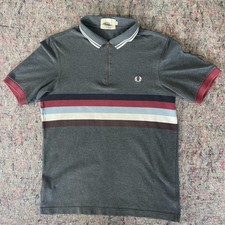 Fred Perry Bradley Wiggins Polo Shirt M Grey Zip Neck Stripe Made In Portugal