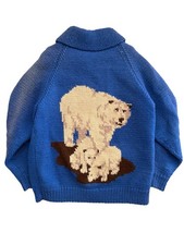 1950s MARY MAXIM Vintage Polar Bear Raglan Hand Knit Zip Cowichan Cardigan Rare