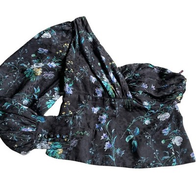 Flor et.al Top Womens Small Black Blue Knick Floral One Shoulder Crop Blouse