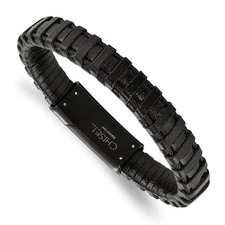 Black Plated Stainless Steel Cable & Black Leather Bracelet, 8.5 Inch