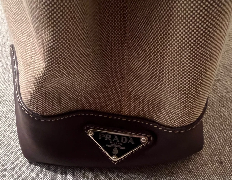 Prada Tote Bag Canvas Leather Beige Brown Silver Hardware Logo Shoulder Purse - Image 4 of 4