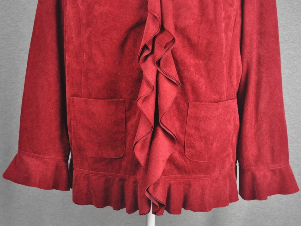 Rafael Womans Faux Suede Ruffle Blazer Size 1X Burgundy Padded Shoulders - Image 4 of 4