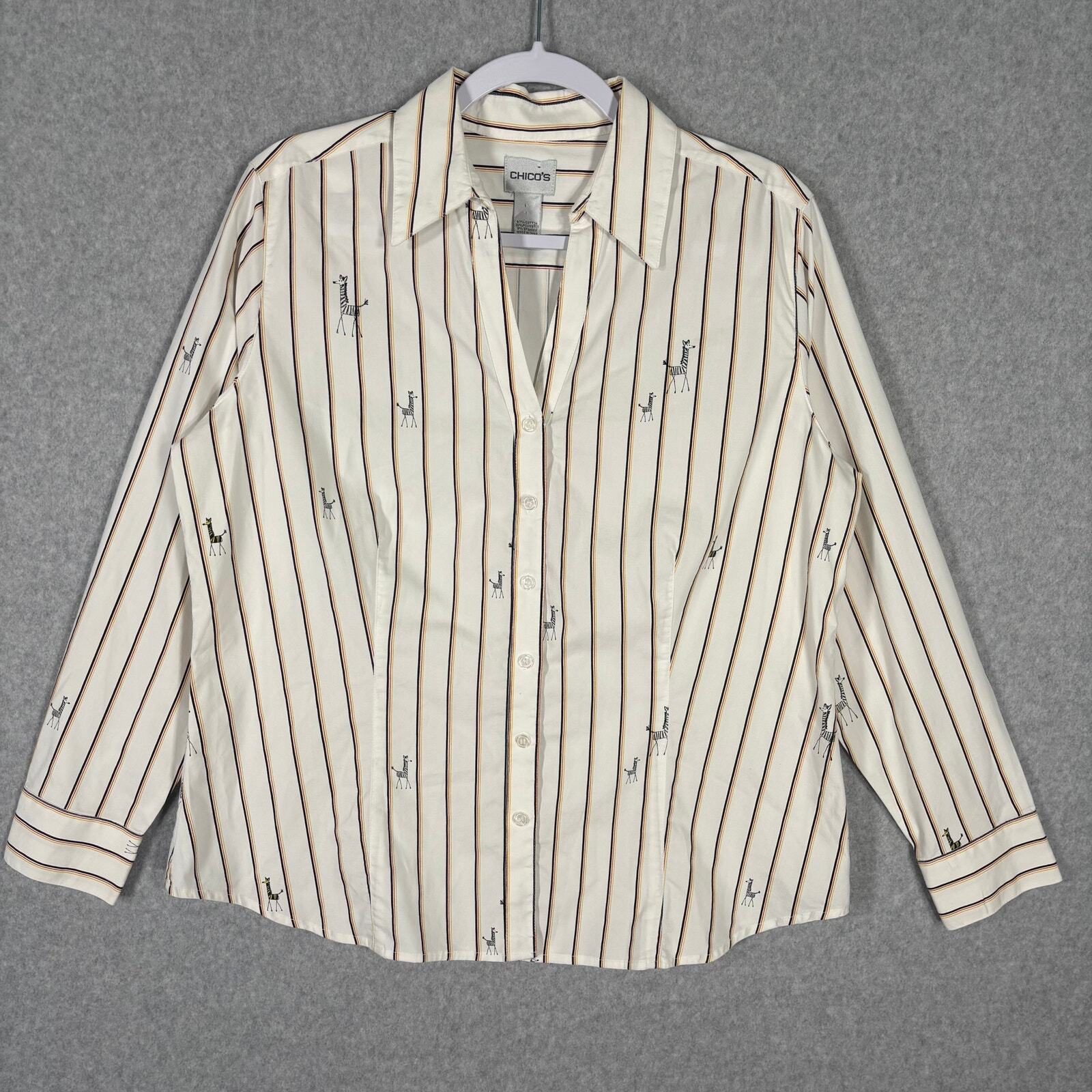 Chicos Shirt Womens Large 2 White Striped Zebra Button Collar Career Office