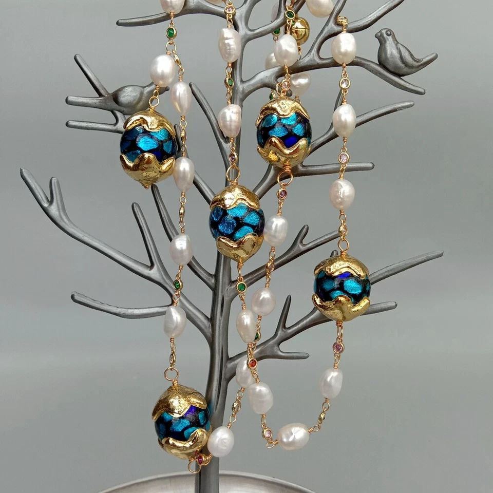 Collar largo cadena rosario cristal de Murano azul perla barroca blanca cultivada 33" Foto 4 de 4