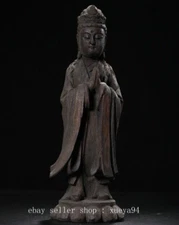 12" Old China Wood lacquerware Painting Stand Guan Yin Kwan-Yin Buddha Statue