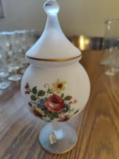 Vintage Norleans Frosted Satin Footed Jar w/Lid Hand Painted Flowers ITALY 373ST