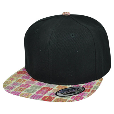 Black Plain Solid Blank Pink Square Pattern Design Flat Bill Snapback Hat  Cap