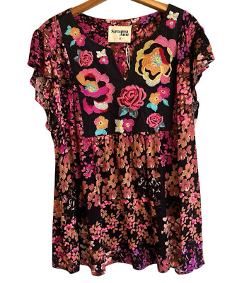 Savanna Jane Womens Embroidered Peasant Boho Top Size 2X Floral Flutter Sleeve