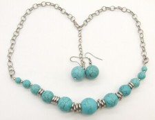 19.5" Graduated Faux Turquoise Beaded Chain Choker Necklace Earrings Silver-T