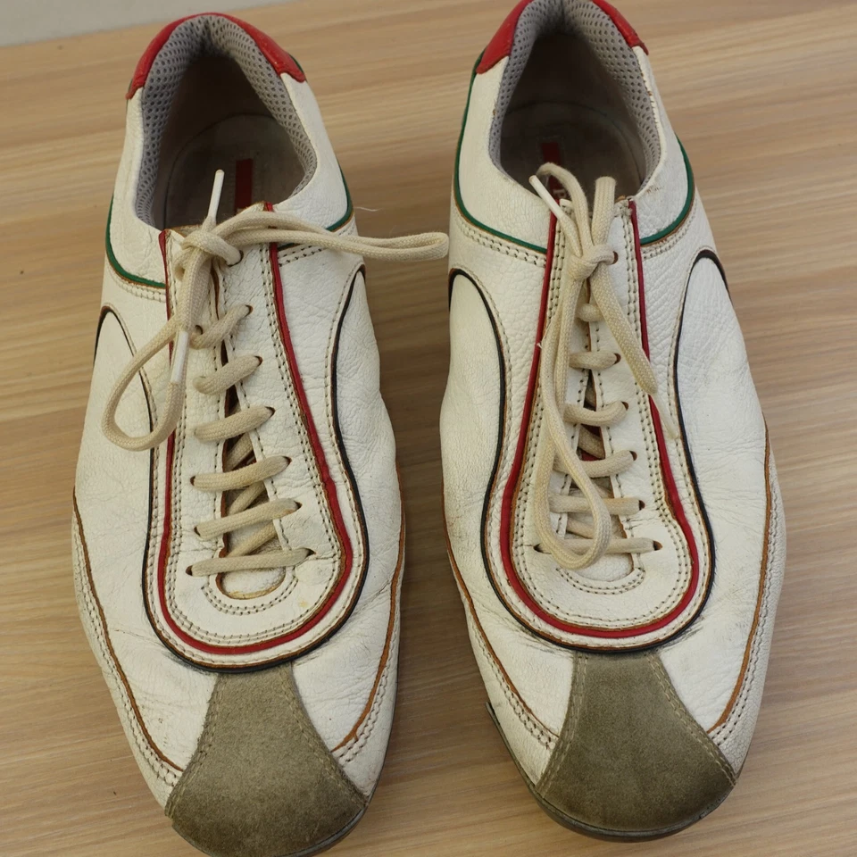 Prada Italian Trainers Women 37 White Leather Taupe Suede Oxford ITALY DEFECTS - Image 2 of 4