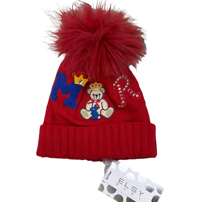 ELSY Mädchen rot ALTER 5 Designer Mütze Wolle Kaschmir Mischung WAS £95 Kinder Bommel Bommel