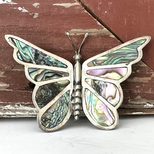 Old Mexico Sterling Silver 925 Aztec Mayan Bold Pin Brooch Butterfly Abalone - Picture 5 of 13