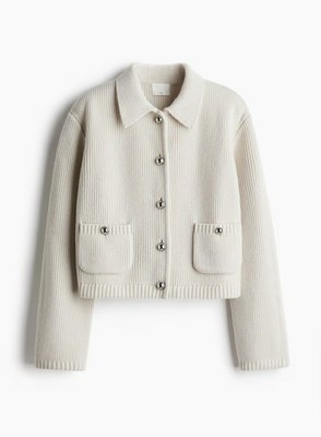 NWT H&M Premium Selection 100% Wool  Rib-Knit Cardigan (cream) Sm 126762002