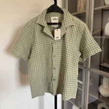 OAS Waffle Cotton Knit Dusty Green Short Sleeve Button Shirt S NEW Camp Collar