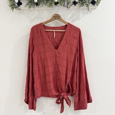 Free People Red Textured Stripes V-Neck Tied Long Sleeve Blouse Size M U-1989