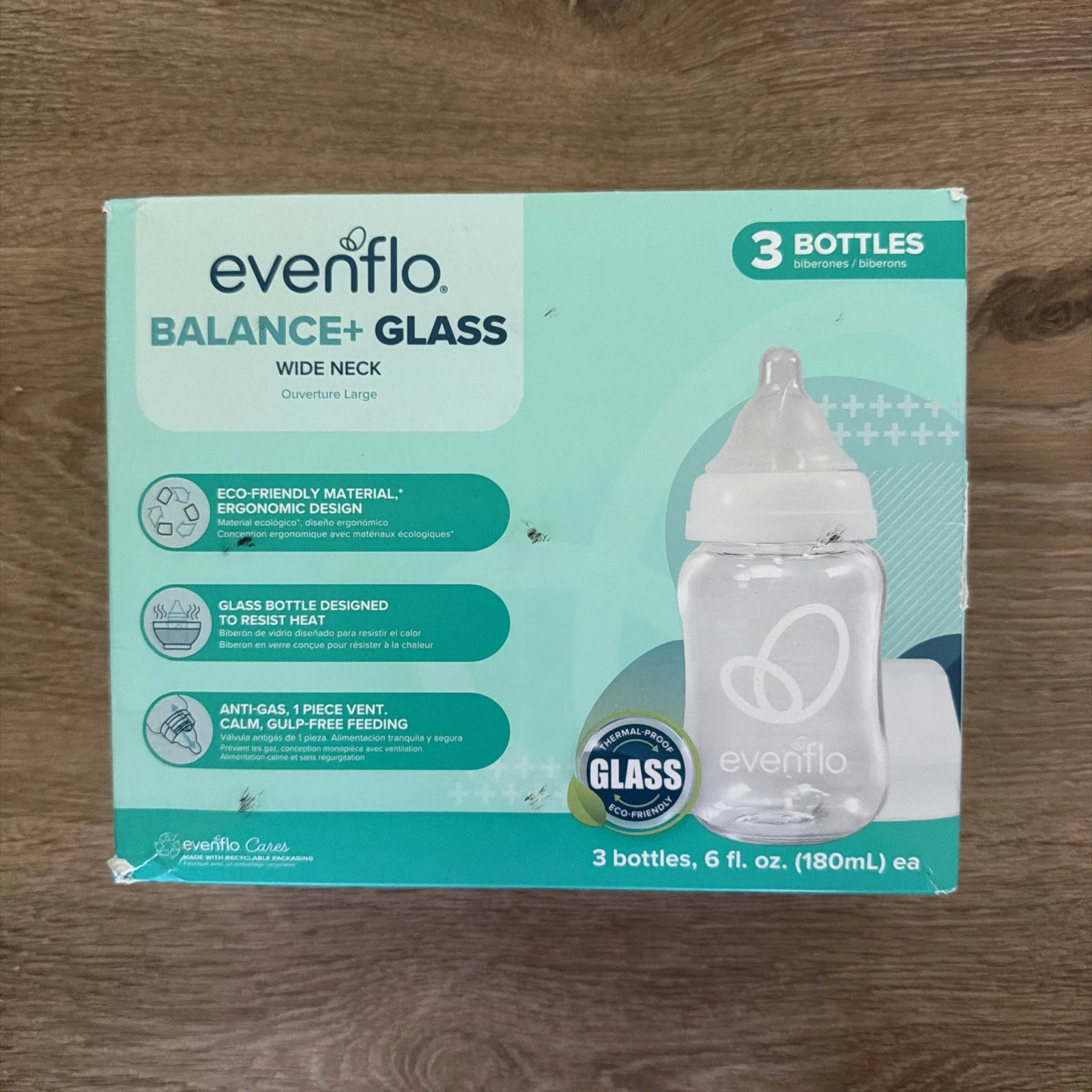 Evenflo Balance + Wide Neck Glass Bottles, 6 Fl oz, 3 Pack