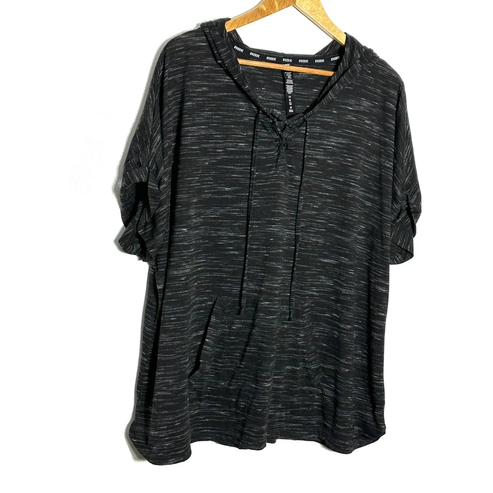 Camisa RBX para mujer 3X jaspeada negra gris manga corta con capucha ligera atlética Foto 2 de 4