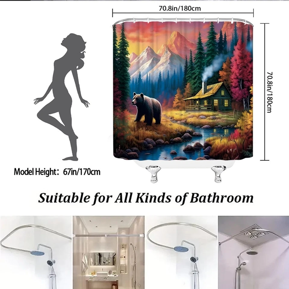 Rustic Bear Shower Curtain Cabin Wildlife Forest Mountain Lodge Bathroom Decor - Image 3 of 4
