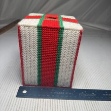 Vintage Christmas Plastic Canvas Needlepoint Tissue Box Cover Red Kitchy Decor