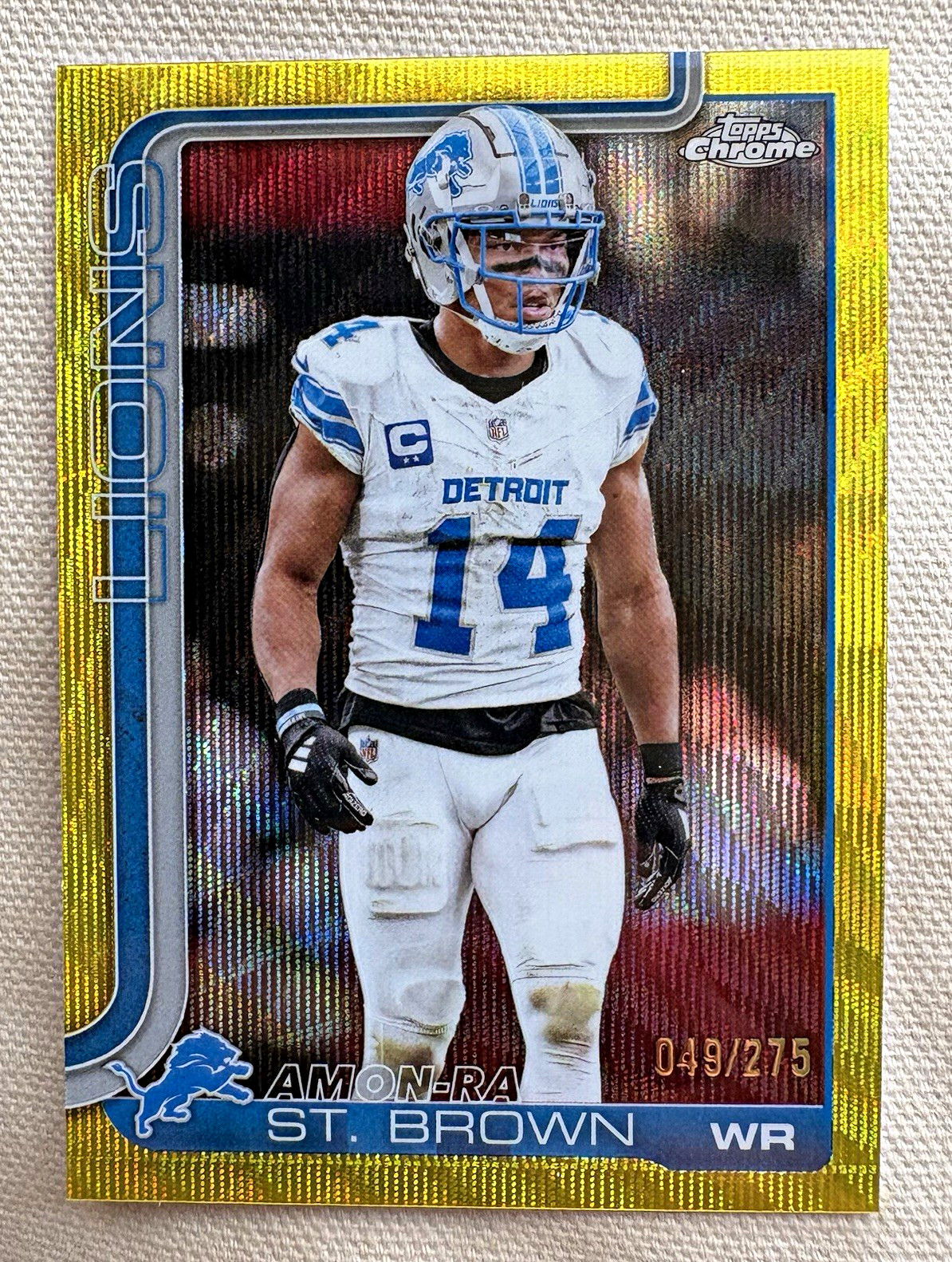 Topps 2025 Chrome Amon-Ra St. Brown Lions Yellow Wave Refractor #98 /275