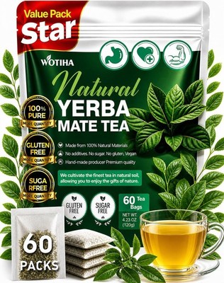 60 Count Premium Unsmoked Yerba Mate Tea Bags - Sourced from Argentina, 100%
