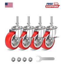 3 Inch Heavy Duty Stem Casters Swivel Wheels with Brake 3/8 -16 x 1-1/2 Set of