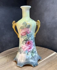 French Opaline Glass Vase Hand Painted Roses Gilt Handles Scalloped Base