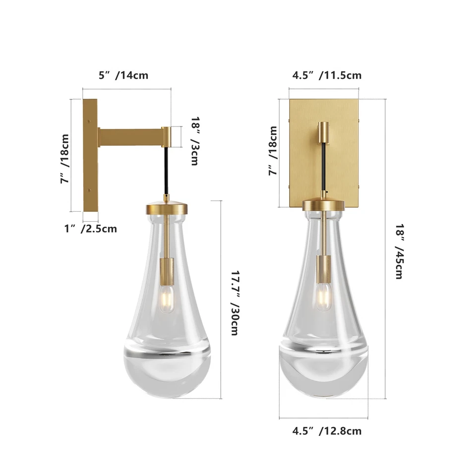 2 Pack Raindrop Indoor LED Wall Light Modern Gold Sconce Clear Glass Fixture UL - Image 2 of 4