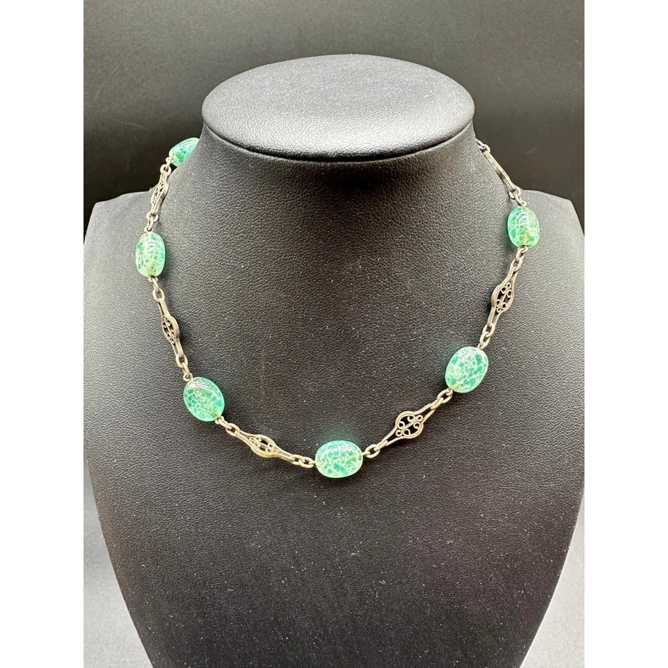 Colar Gargantilha de Vidro Crackle Esmeralda Tcheca Antiga Contas de Filigrana Art Deco 13" - Imagem 2 de 4