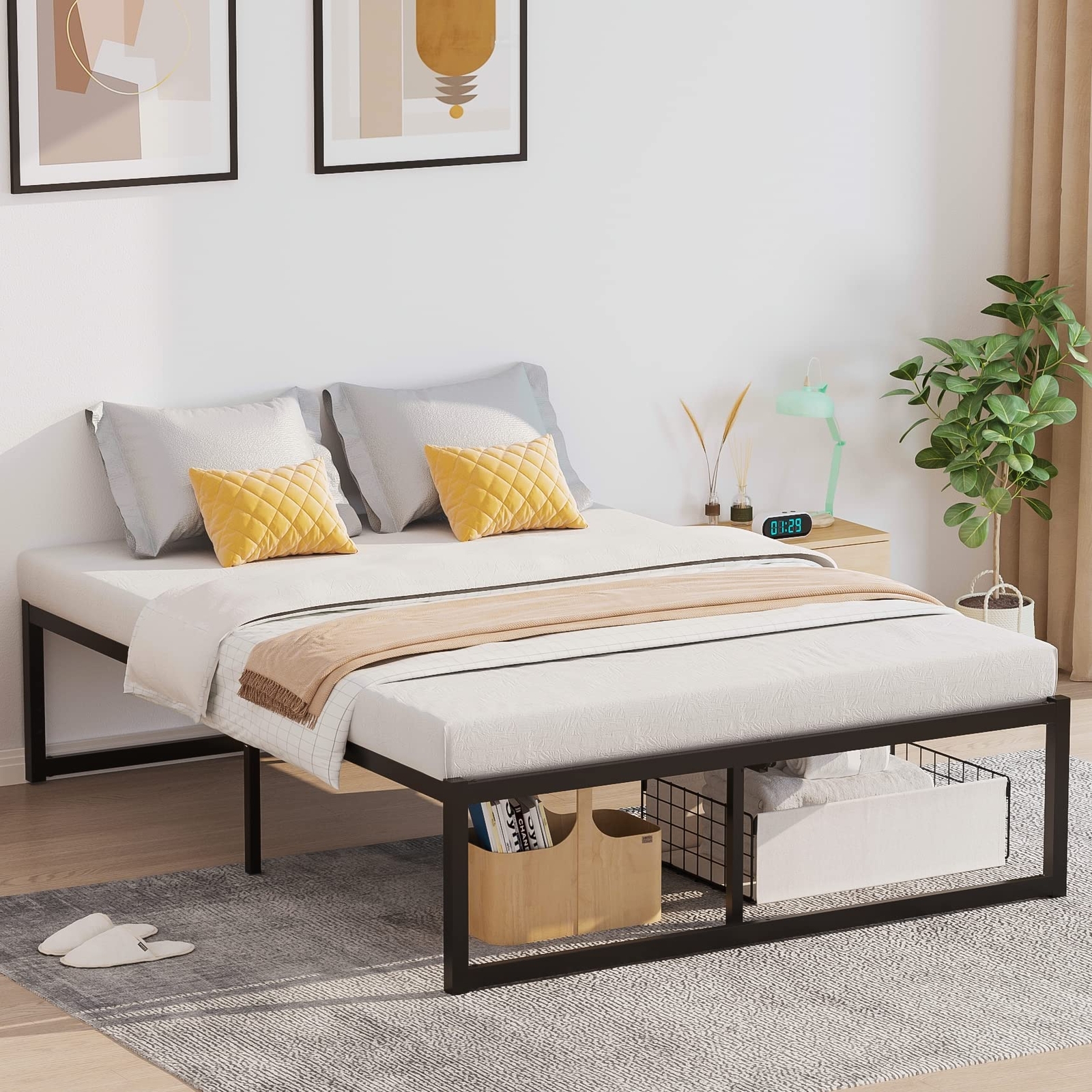 Queen Bed Frame with Storage Space 16 Inch Black Bedframe No Box Spring Neede...