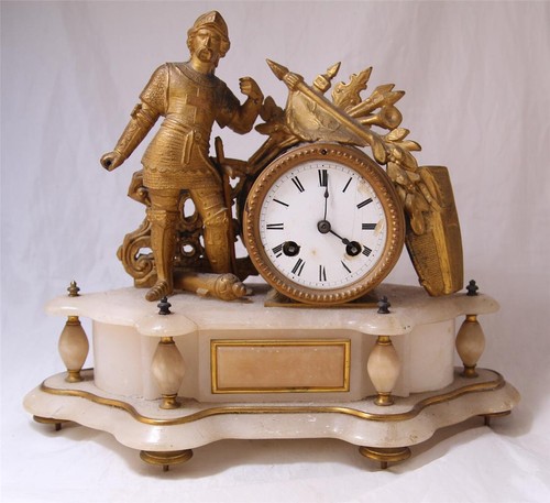 Antique Bronzed Metal/Alabaster Sculptural Mantel Clock w/Knight Figure c.1880s - 第 1/5 張圖片